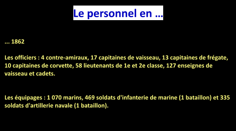 Le personnel en …  ... 1862  Les officiers : 4 contre-amiraux, 17 capitaines de vaisseau, 13 capitaines de frégate, 10 capitaines de corvette, 58 lieutenants de 1e et 2e classe, 127 enseignes de vaisseau et cadets.    Les équipages : 1 070 marins, 469 soldats d'infanterie de marine (1 bataillon) et 335 soldats d'artillerie navale (1 bataillon).