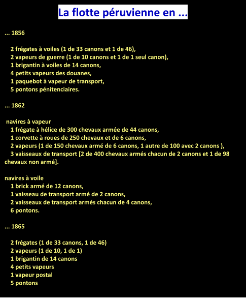 La flotte péruvienne en ... ... 1856      2 frégates à voiles (1 de 33 canons et 1 de 46),     2 vapeurs de guerre (1 de 10 canons et 1 de 1 seul canon),     1 brigantin à voiles de 14 canons,     4 petits vapeurs des douanes,     1 paquebot à vapeur de transport,     5 pontons pénitenciaires.  ... 1862   navires à vapeur     1 frégate à hélice de 300 chevaux armée de 44 canons,     1 corvette à roues de 250 chevaux et de 6 canons,     2 vapeurs (1 de 150 chevaux armé de 6 canons, 1 autre de 100 avec 2 canons ),     3 vaisseaux de transport [2 de 400 chevaux armés chacun de 2 canons et 1 de 98 chevaux non armé].  navires à voile     1 brick armé de 12 canons,     1 vaisseau de transport armé de 2 canons,     2 vaisseaux de transport armés chacun de 4 canons,     6 pontons.  ... 1865      2 frégates (1 de 33 canons, 1 de 46)     2 vapeurs (1 de 10, 1 de 1)     1 brigantin de 14 canons     4 petits vapeurs     1 vapeur postal     5 pontons