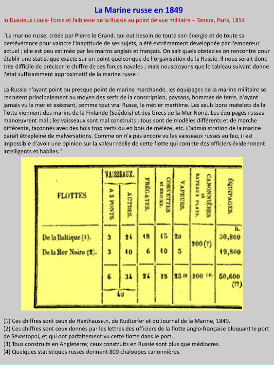 La Marine russe en 1849 in Dussieux Louis- Force et faiblesse de la Russie au point de vue militaire – Tanera, Paris, 1854  "La marine russe, créée par Pierre le Grand, qui eut besoin de toute son énergie et de toute sa persévérance pour vaincre l'inaptitude de ses sujets, a été extrêmement développée par l'empereur actuel ; elle est peu estimée par les marins anglais et français. On sait quels obstacles on rencontre pour établir une statistique exacte sur un point quelconque de l'organisation de la Russie. Il nous serait donc très-difficile de préciser le chiffre de ses forces navales ; mais nouscroyons que le tableau suivant donne l'état suffisamment approximatif de la marine russe :   La Russie n'ayant point ou presque point de marine marchande, les équipages de la marine militaire se recrutent principalement au moyen des serfs de la conscription, paysans, hommes de terre, n'ayant jamais vu la mer et exécrant, comme tout vrai Russe, le métier maritime. Les seuls bons matelots de la flotte viennent des marins de la Finlande (Suédois) et des Grecs de la Mer Noire. Les équipages russes manœuvrent mal ; les vaisseaux sont mal construits ; tous sont de modèles différents et de marche différente, façonnés avec des bois trop verts ou en bois de mélèze, etc. L'administration de la marine paraît êtrepleine de malversations. Comme on n'a pas encore vu les vaisseaux russes au feu, il est impossible d'avoir une opinion sur la valeur réelle de cette flotte qui compte des officiers évidemment intelligents et habiles."                      (1) Ces chiffres sont ceux de Haxthause.n, de Rudtorfer et du Journal de la Marine, 1849. (2) Ces chiffres sont ceux donnés par les lettres des officiers de la flotte anglo-française bloquant le port de Sévastopol, et qui ont parfaitement vu cette flotte dans le port. (3) Tous construits en Angleterre; ceux construits en Russie sont plus que médiocres. (4) Quelques statistiques russes donnent 800 chaloupes canonnières.